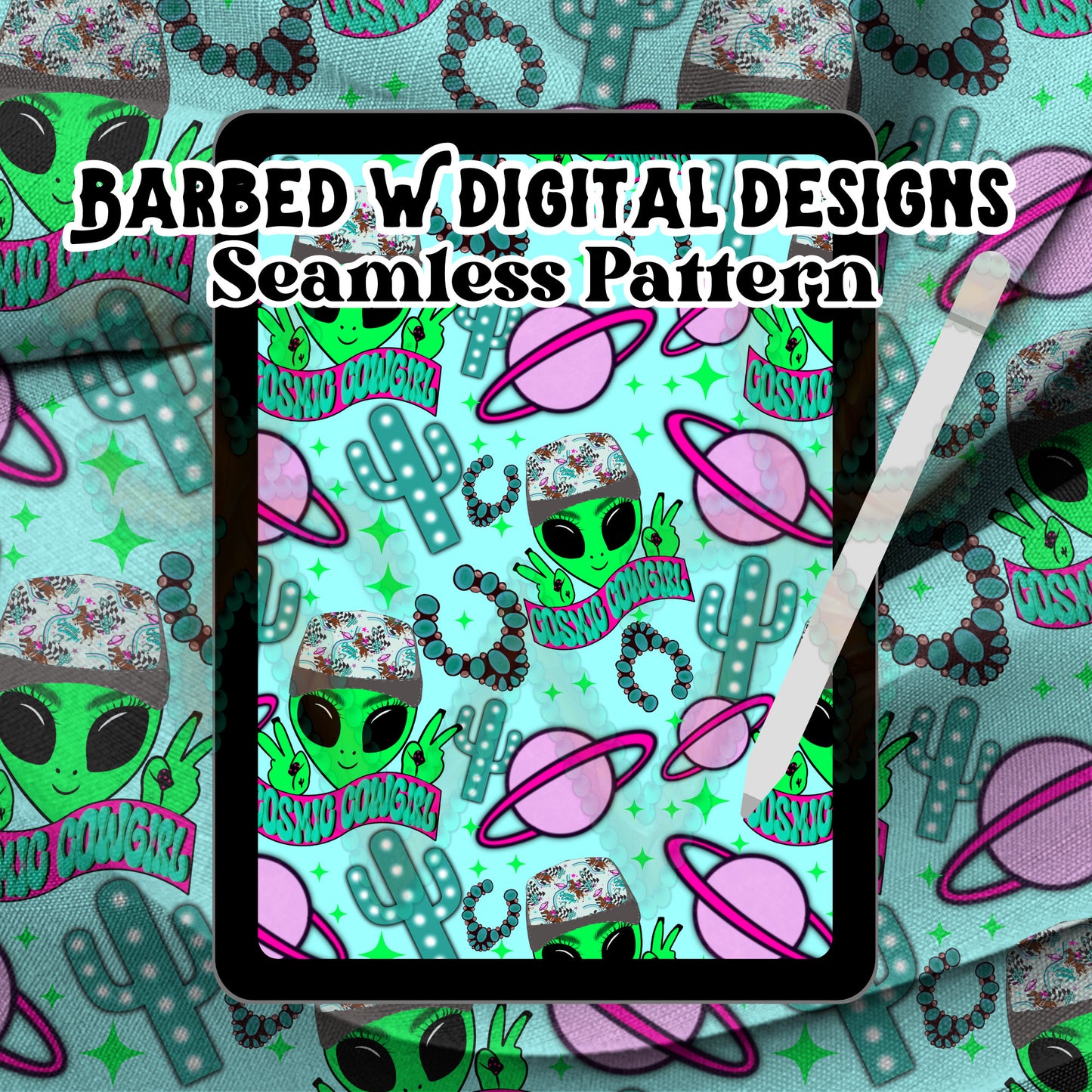 Cosmic Cowgirl seamless pattern, space png, western png, alien png, yallternative png, punchy png, turquoise pattern, neon png, neon pattern