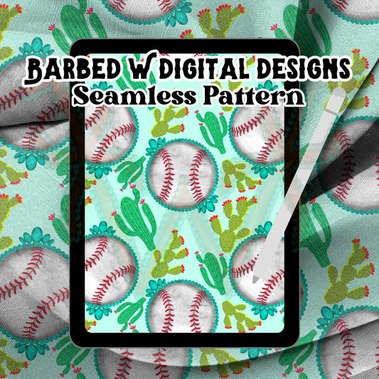 Baseball seamless pattern, western baseball png, turquoise png, cactus png, western png, baseball fabric file, sports fabric design