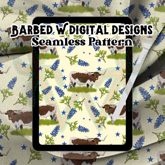 Texas seamless pattern, longhorn png, western png, bluebonnet png, hill country png, bluebonnet pattern, texas fabric pattern, cattle png