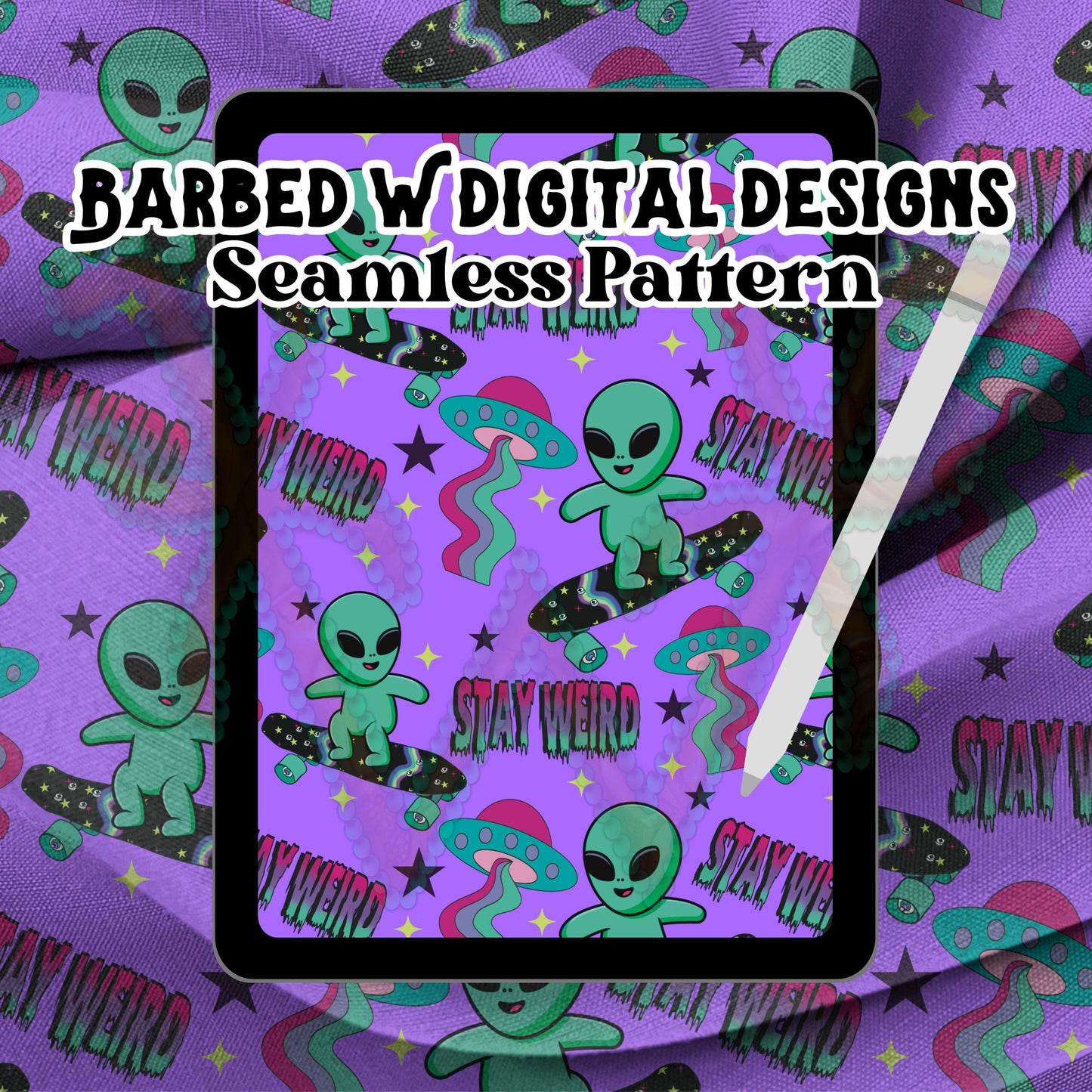 Alien Seamless Pattern, alien png, ufo png, skateboard png, groovy png, galaxy png, cosmic png, purple fabric pattern, unisex pattern