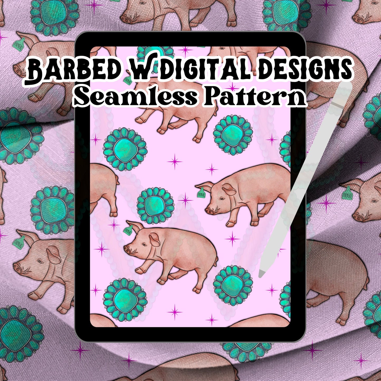 Pig seamless pattern png, turquoise png, farmgirl png, farm png, cattle tag png, stock show pattern, stock show png, farm animal pattern