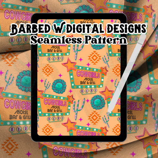 Cowgirl seamless pattern, cowgirls motel png, western png, turquoise png, retro sign png, turquoise pattern, neon fabric pattern, neon png