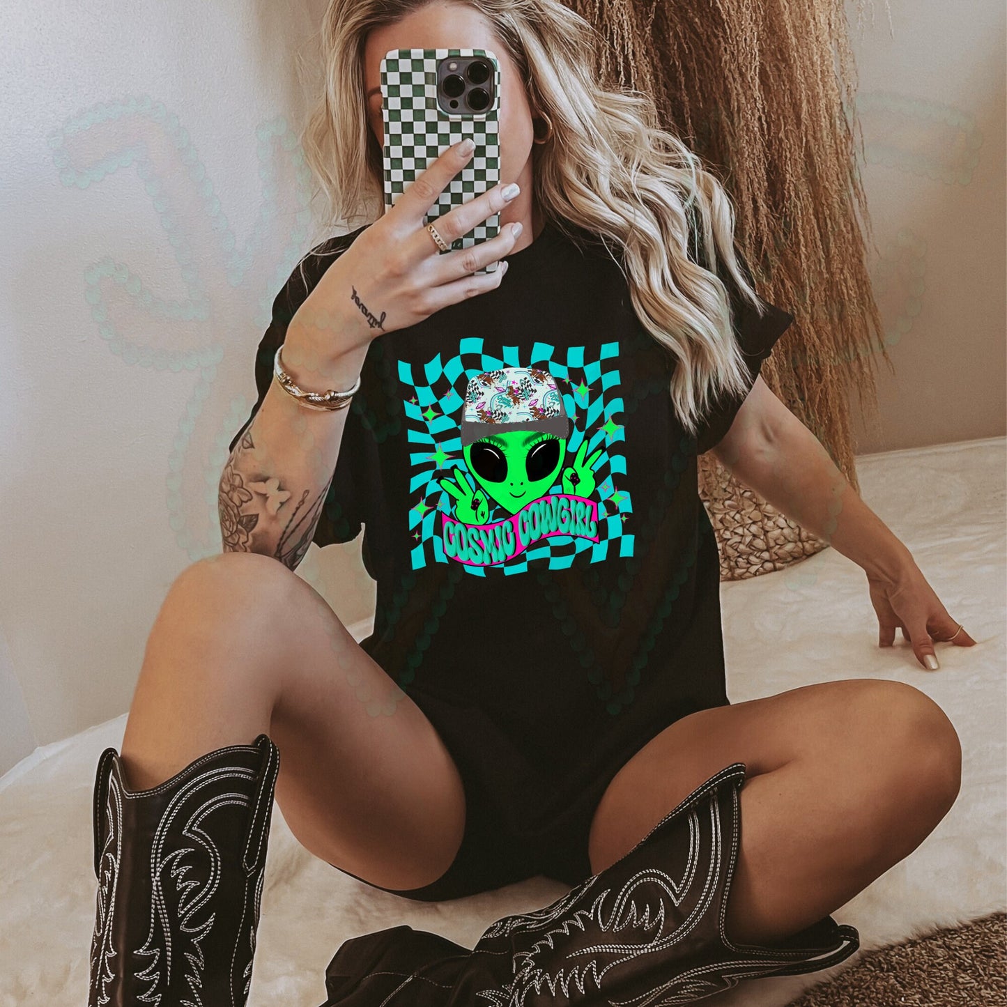 Cosmic Cowgirl png, space png, western png, alien png, checkers png, retro png, punchy png, retro western png, neon png, yallternative png