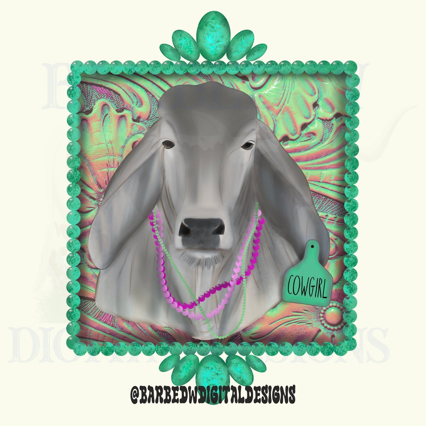 Gray Brahman cow png, turquoise png, western png, punchy png, leather png, cattle tag png, tooled leather png, cattle png, heifer png