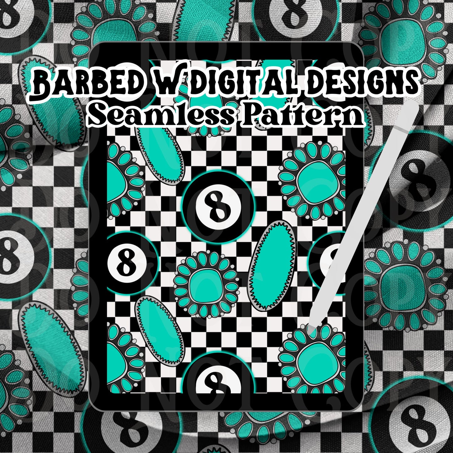 Yallternative seamless pattern, western png, turquoise png, cowgirl png, punchy png, 8 ball png, turquoise jewelry pattern, checkers pattern