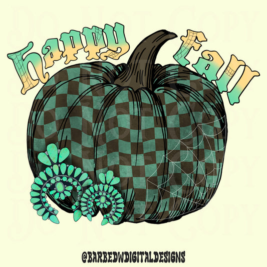 Happy fall png, checker pumpkin png, western fall png, turquoise png, spider web png, yallternative png, distressed fall png