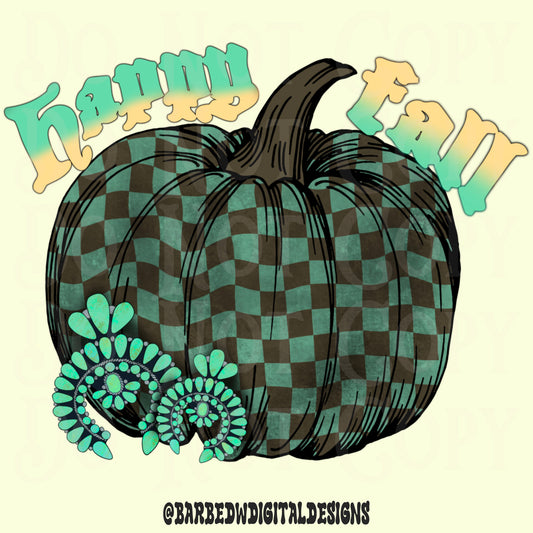 Happy fall png, checker pumpkin png, western fall png, turquoise png, punchy png, yallternative png, distressed fall png