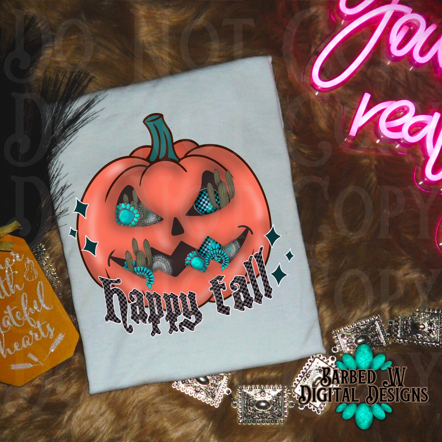 Happy fall png, turquoise pumpkin png, western fall png, turquoise png, punchy png, yallternative png, pumpkin png, Halloween png, cowgirl