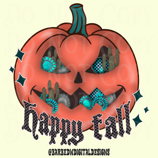 Happy fall png, turquoise pumpkin png, western fall png, turquoise png, punchy png, yallternative png, pumpkin png, Halloween png, cowgirl