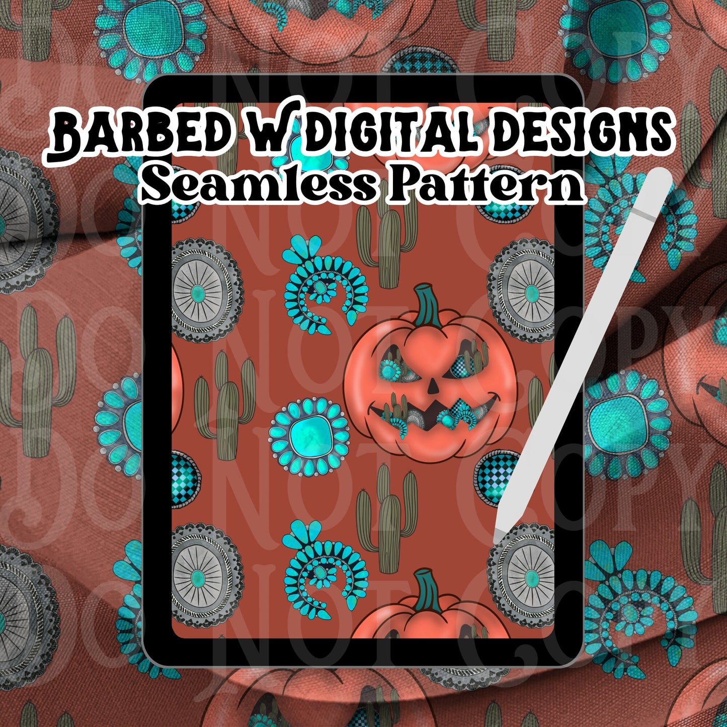 Western fall seamless pattern, turquoise pumpkin pattern, western fall png, turquoise seamless pattern, pumpkin png, Halloween png, cowgirl