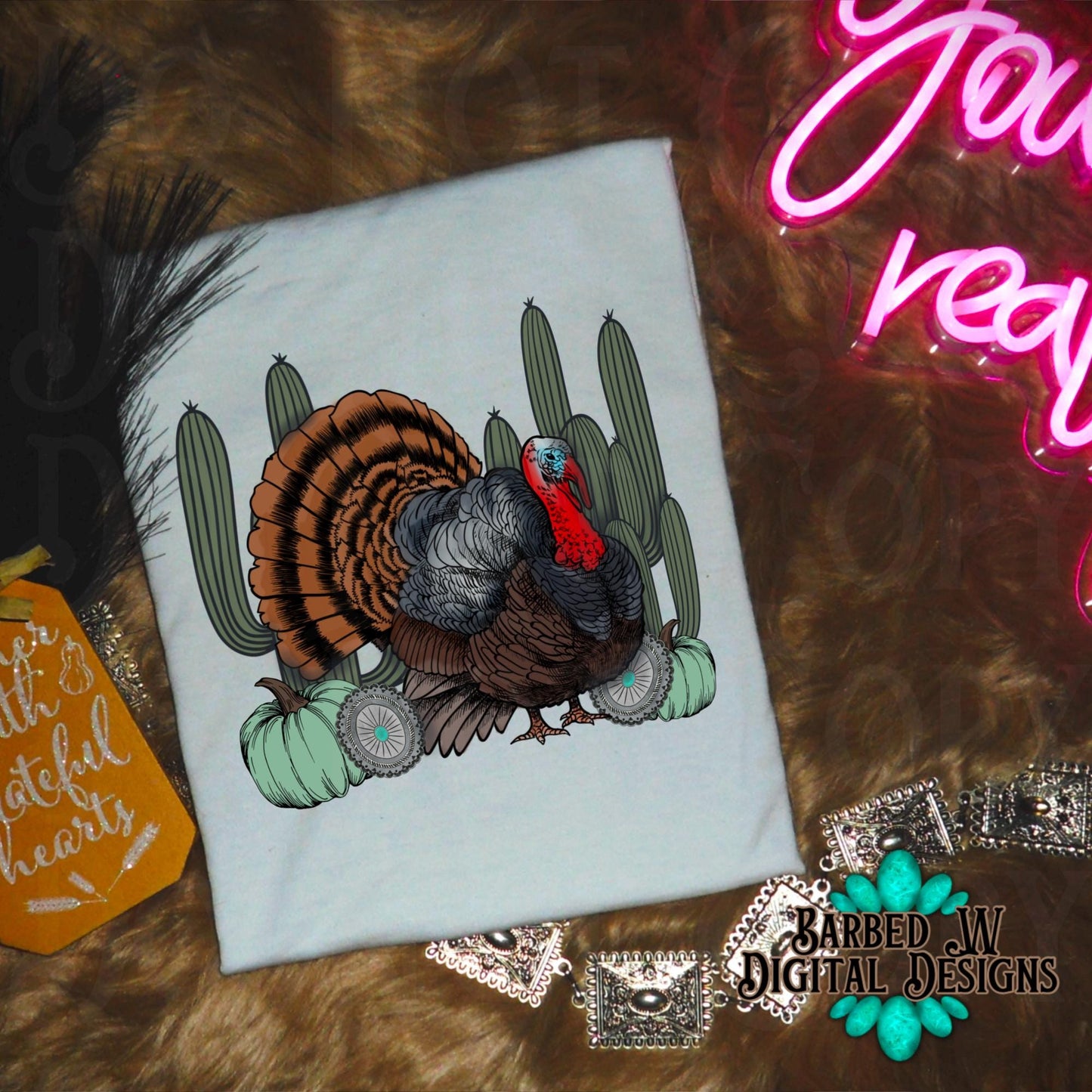 Western Thanksgiving png, turkey png, western fall png, turquoise png, punchy png, western turkey png, pumpkin png, cactus png, turkey day