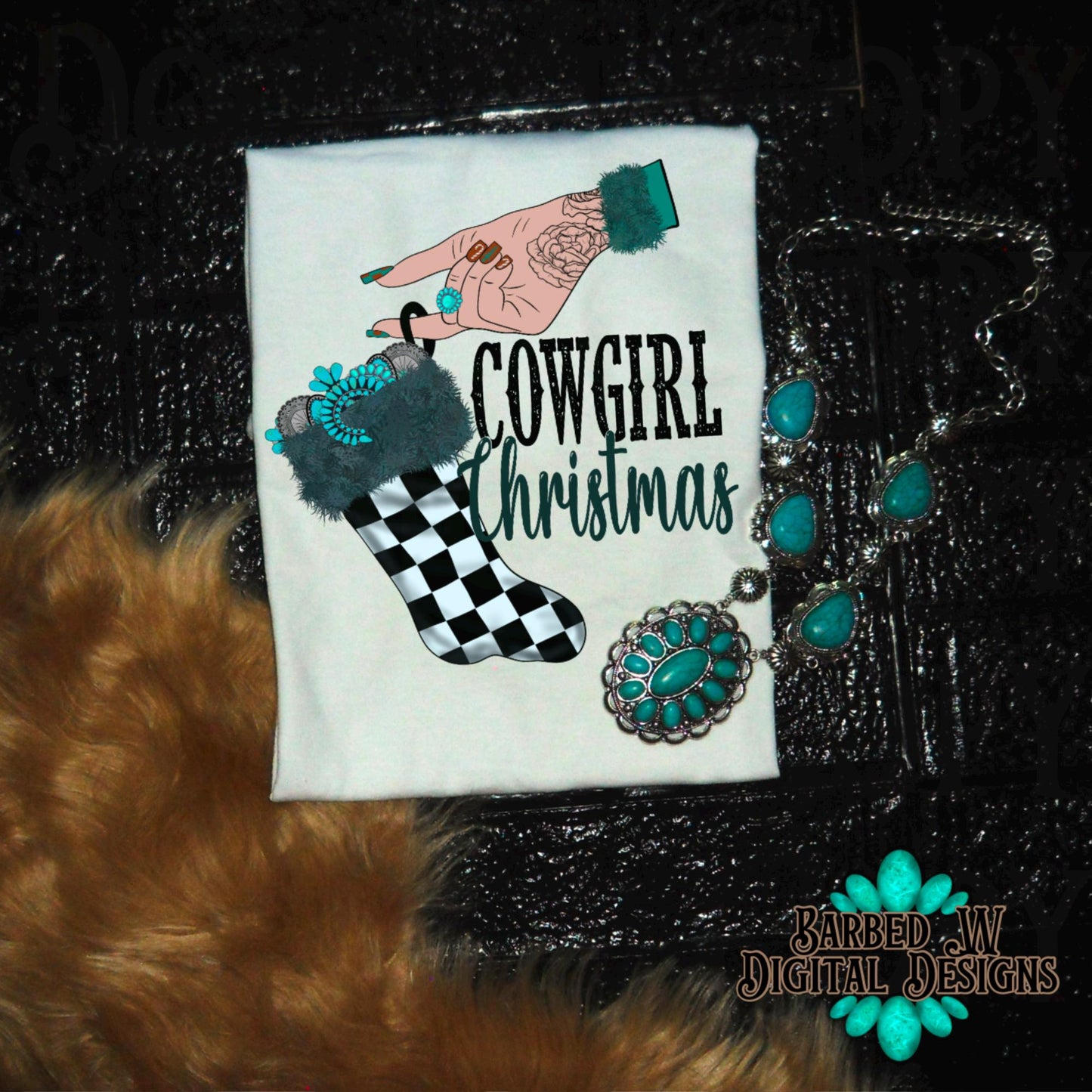 Western christmas png, Christmas stocking png, cowgirl png, checkers png, cowgirl christmas png, turquoise png, yallternative png,