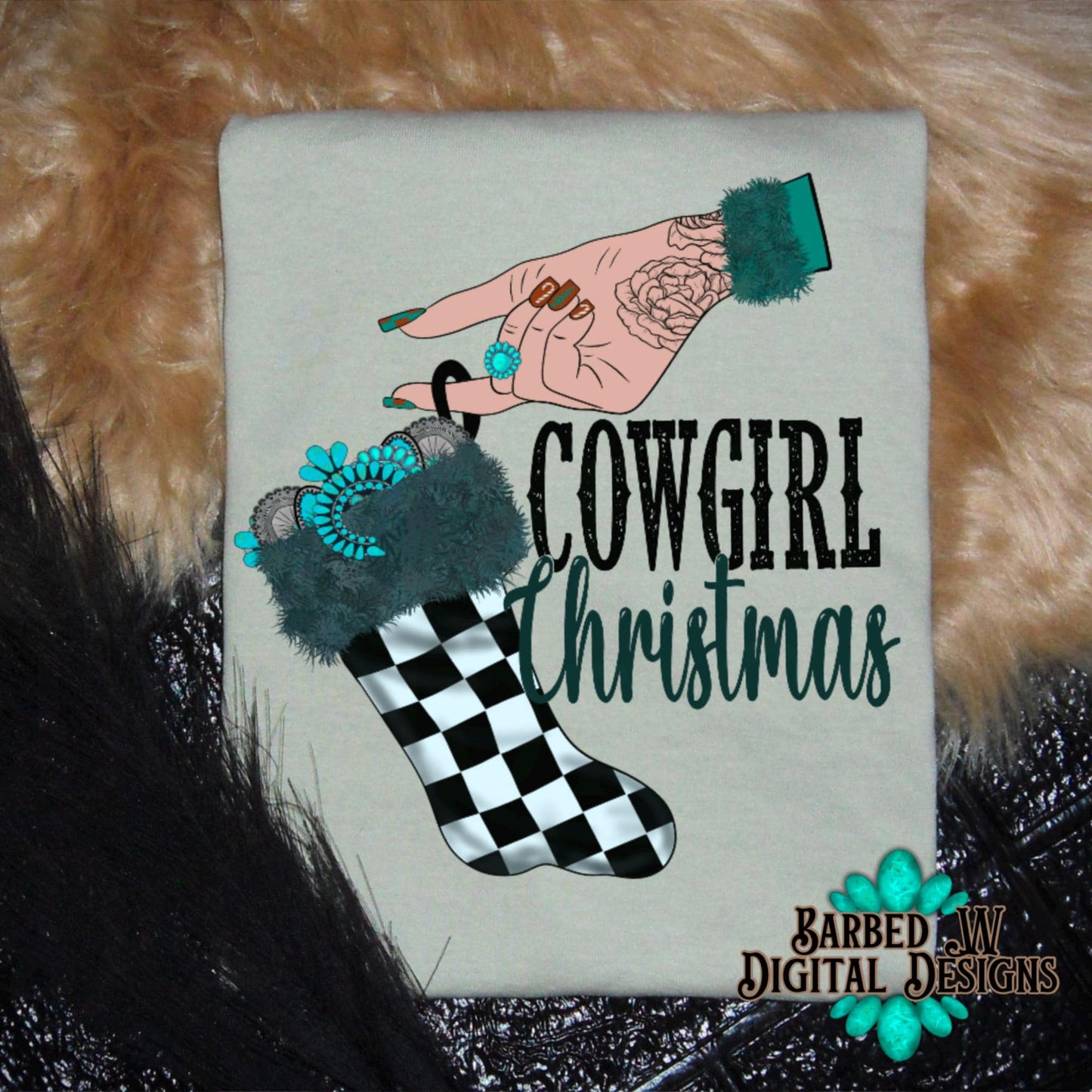 Western christmas png, Christmas stocking png, cowgirl png, checkers png, cowgirl christmas png, turquoise png, yallternative png,