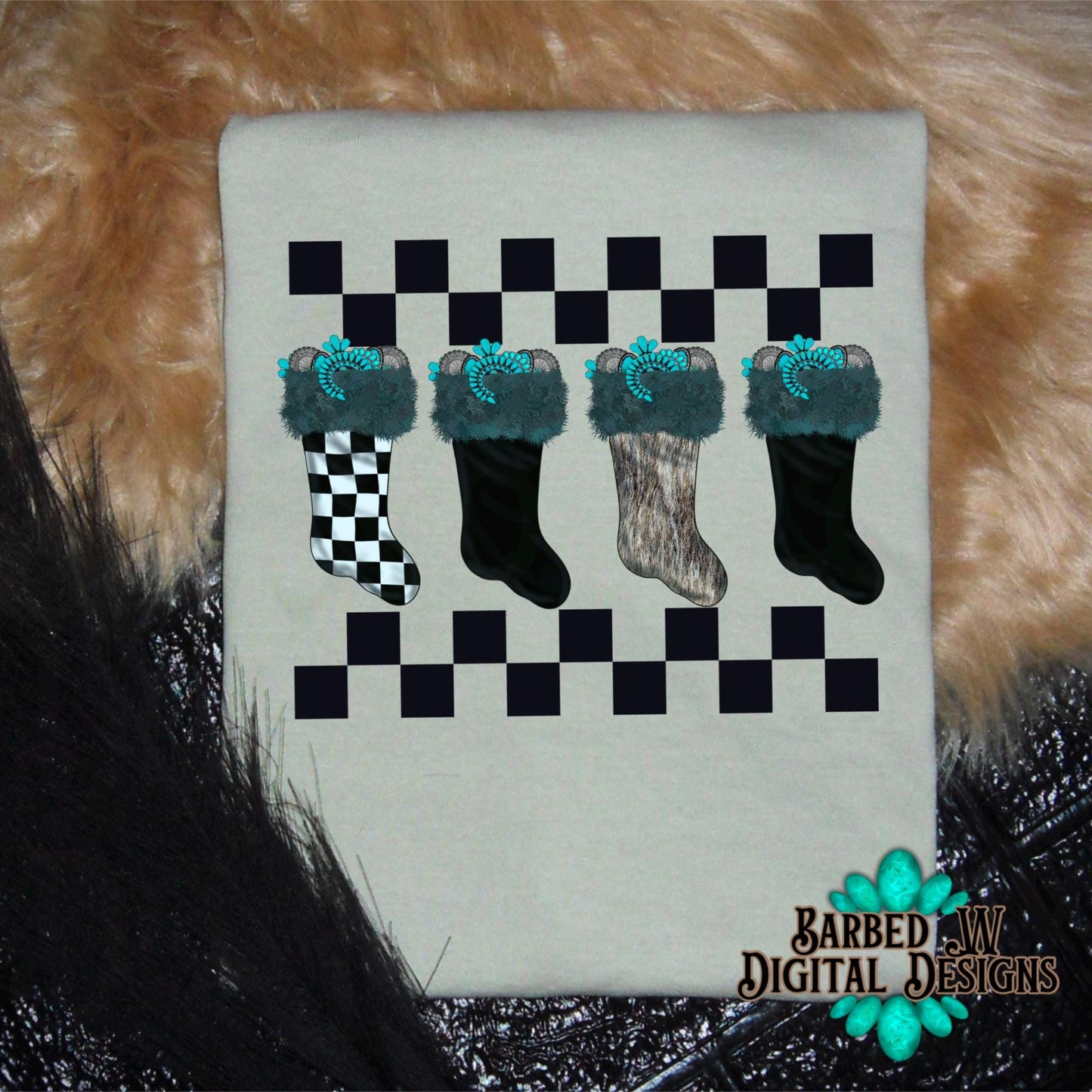 Western christmas png, Christmas stocking png, cowgirl png, checkers png, cowgirl christmas png, turquoise png, yallternative png, cowhide