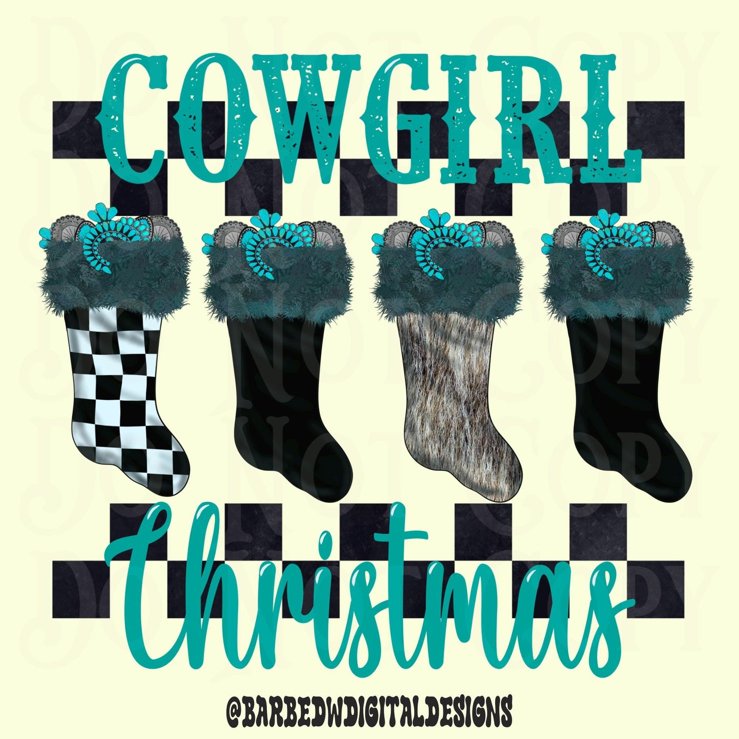 Western christmas png, Christmas stocking png, cowgirl png, checkers png, cowgirl christmas png, turquoise png, yallternative png, cowhide