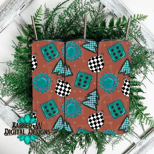 western christmas tumbler wrap, turquoise christmas png, western tumbler png, checkers tumbler png, 20 oz tumbler png, seamless tumbler png